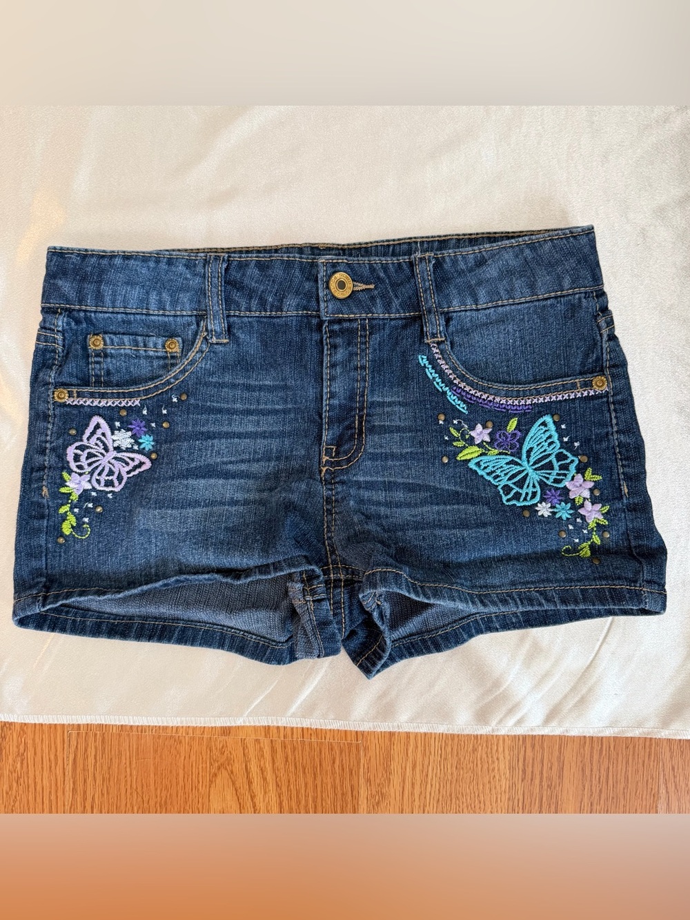 Route 66 Girls' Butterfly Embroidered Denim Jean Shorts Size 14 Y2K